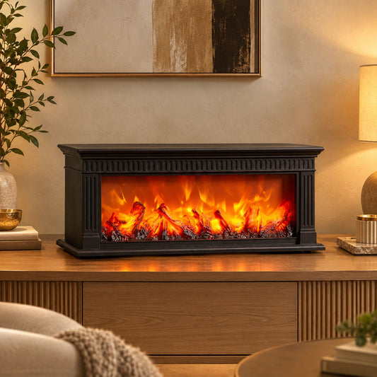Modern Fluted LED Fireplace Lantern -Classic Black | Size: 64x12x20 cm