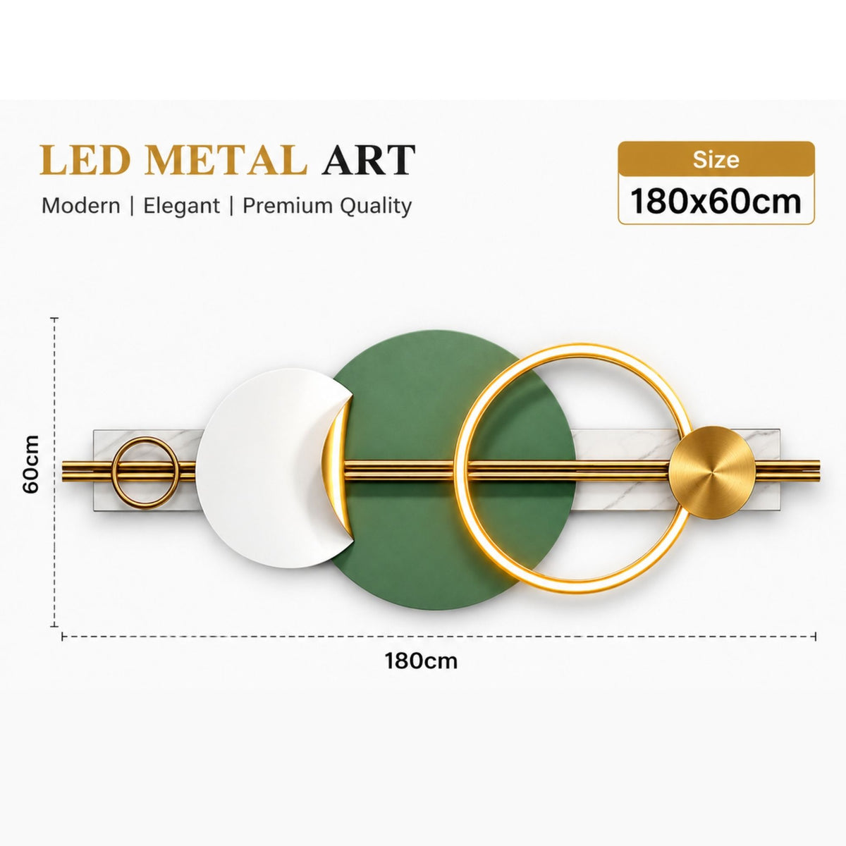 Metal Wall Art with LED - Size 180X60cm -Green Circle