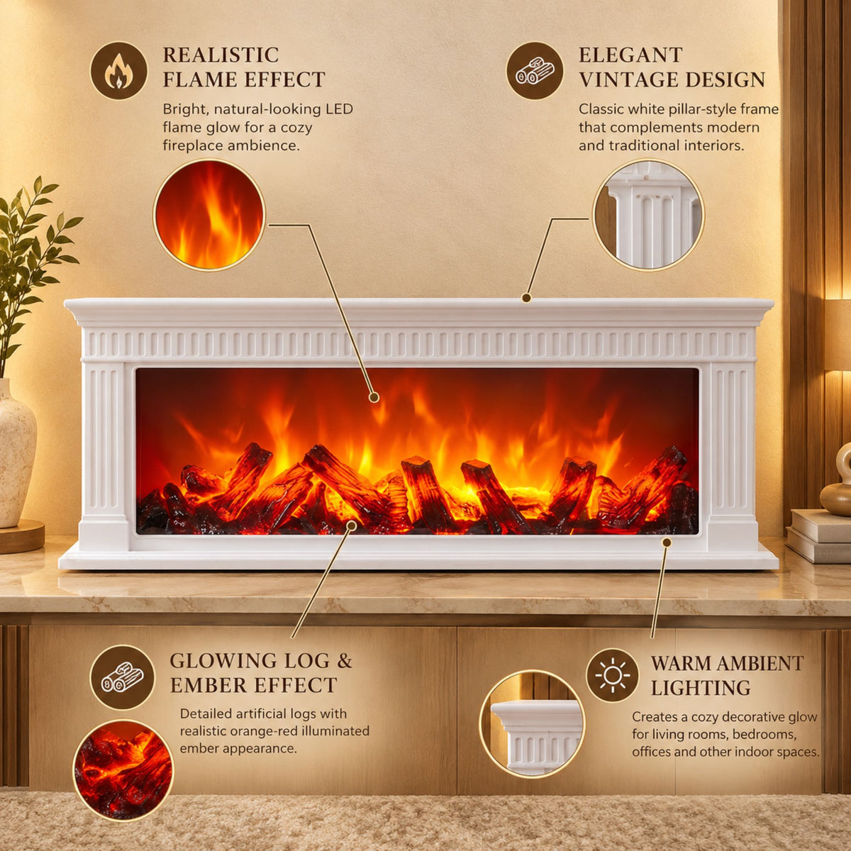 Modern Fluted LED Fireplace Lantern Size: 64x20x12 cm – Classic White Pillar