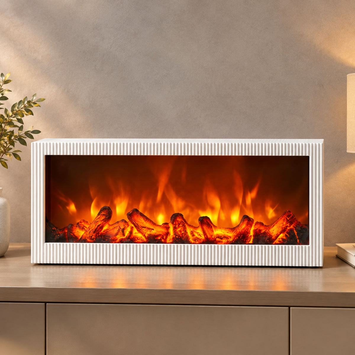 Modern Fluted LED Fireplace Light – Rectangular Tabletop Flame Effect Lamp with Glowing Logs-LED Fireplace Lantern