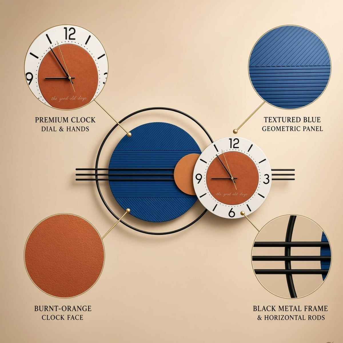Relife Metal Wall Clock Antique Decorative Size- 90X50X6 cm | Fluted Blue