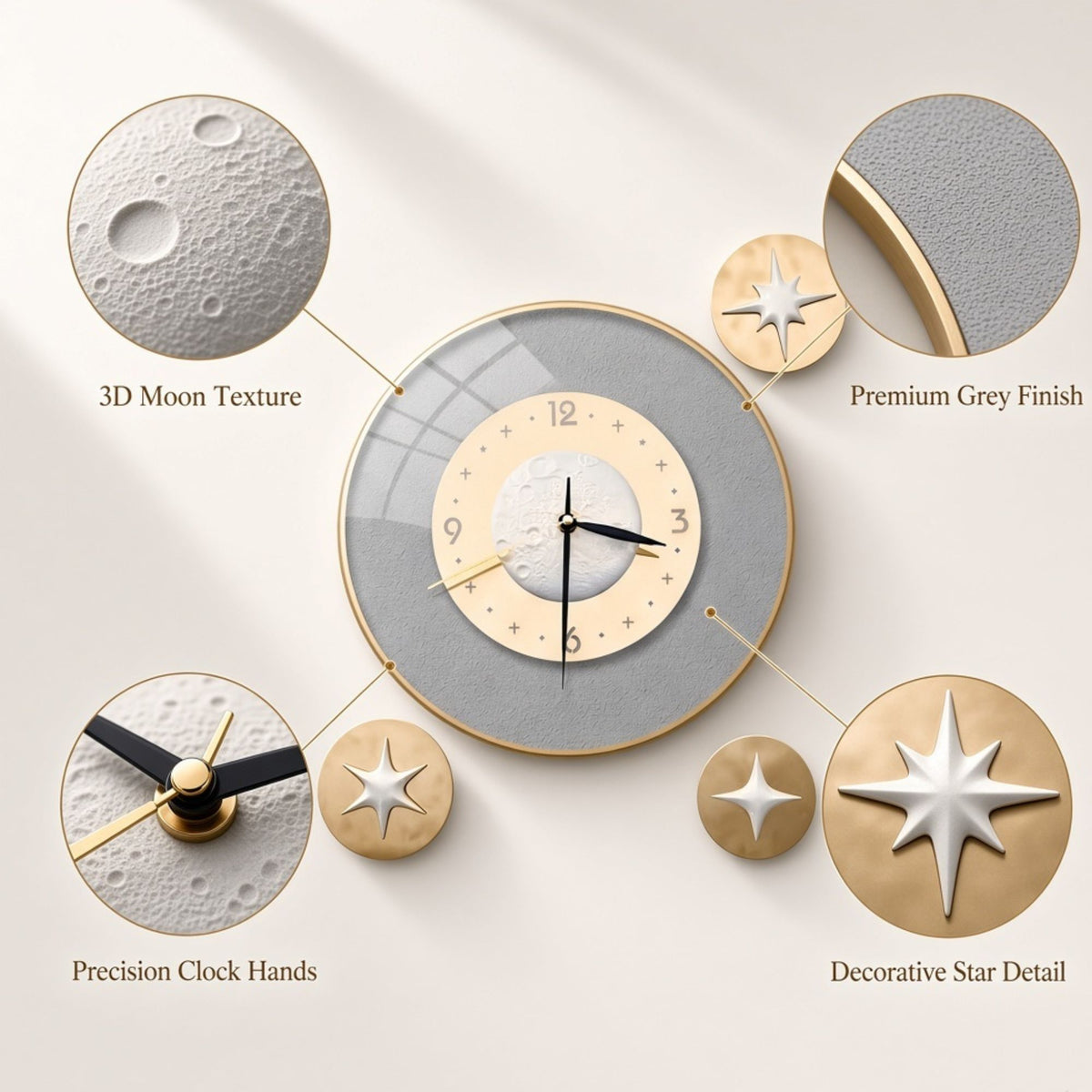 Relife Metal Wall Clock Antique Decorative Size- 35cm, 12cm, 10 cm | Moon with 3 Star