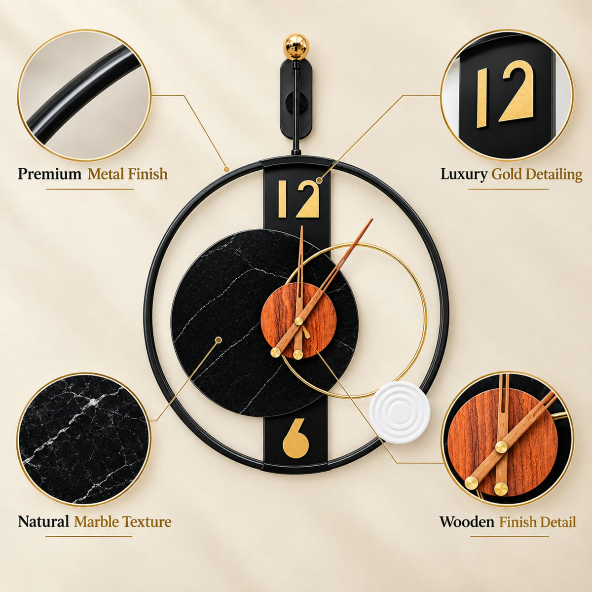 Relife Metal Wall Clock Antique Decorative Size- 70X50X8 cm | Black Wood