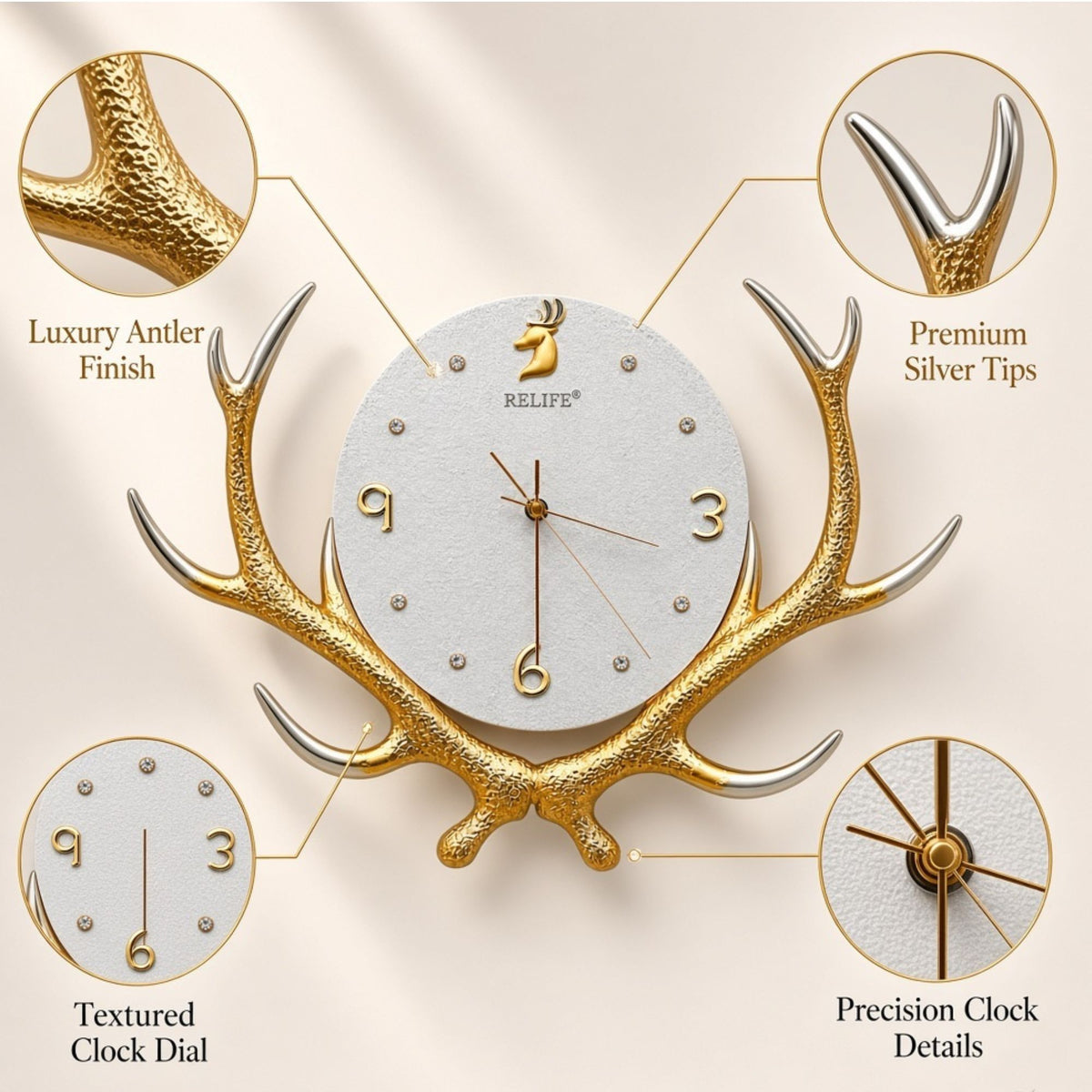 Relife Metal Wall Clock Antique Decorative Size- 53X38X1 cm | Swamp Horn