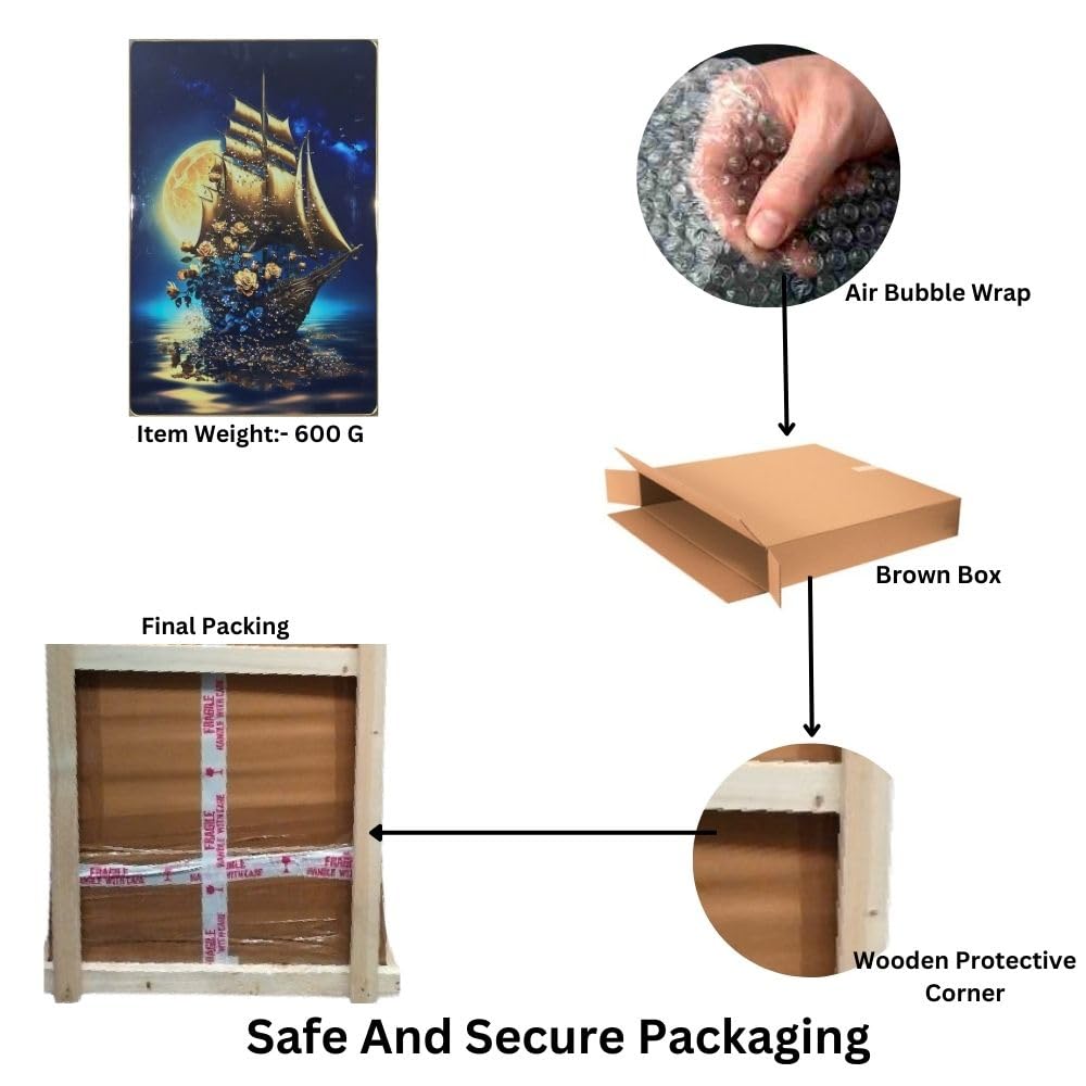 Crystal Painting for Wall Decoration with Golden Frame, Size 40 X 61 Cm- Crystal Ship