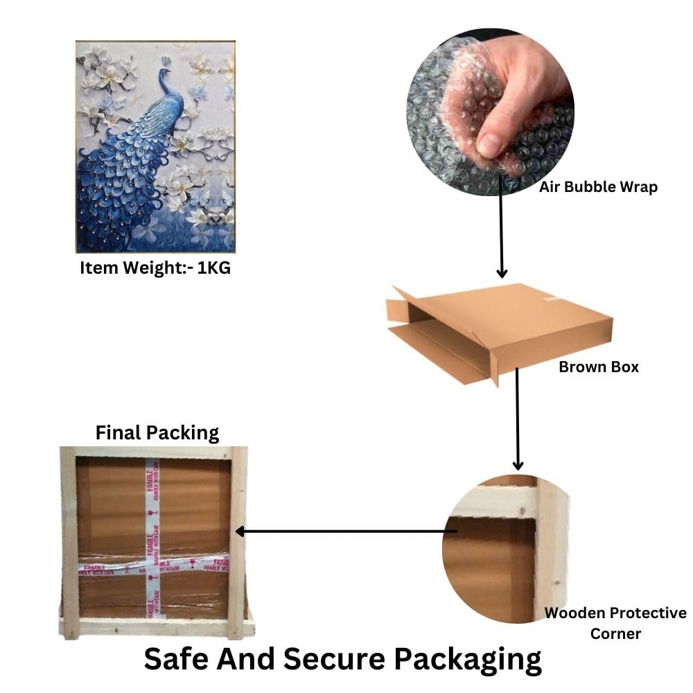 Crystal Painting for Wall Decoration with Golden Frame, Size- 61 X 81 Cm- Crystal Peacock Flower