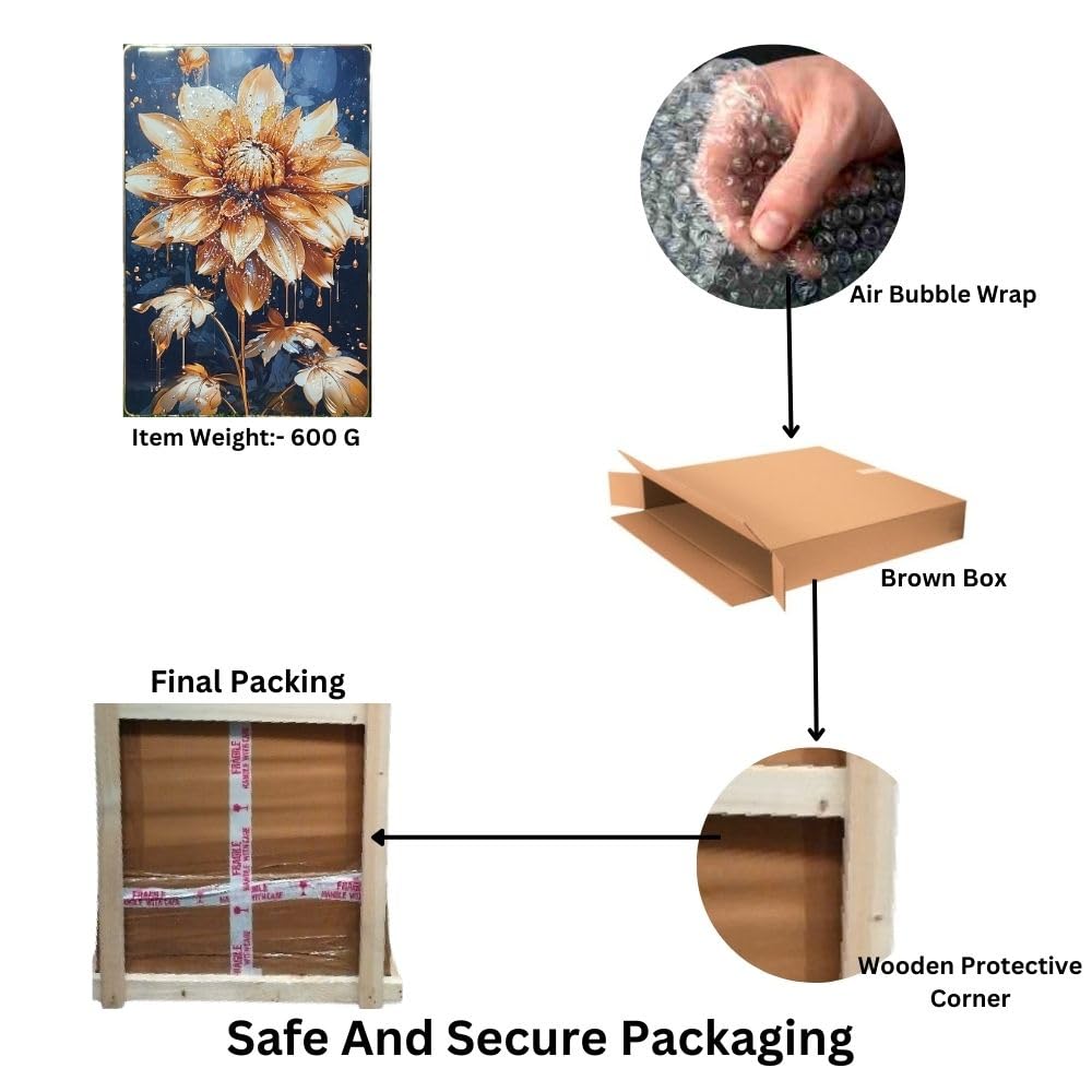 Crystal Painting for Wall Decoration with Golden Frame, Size 40 X 61 Cm- Crystal Flower