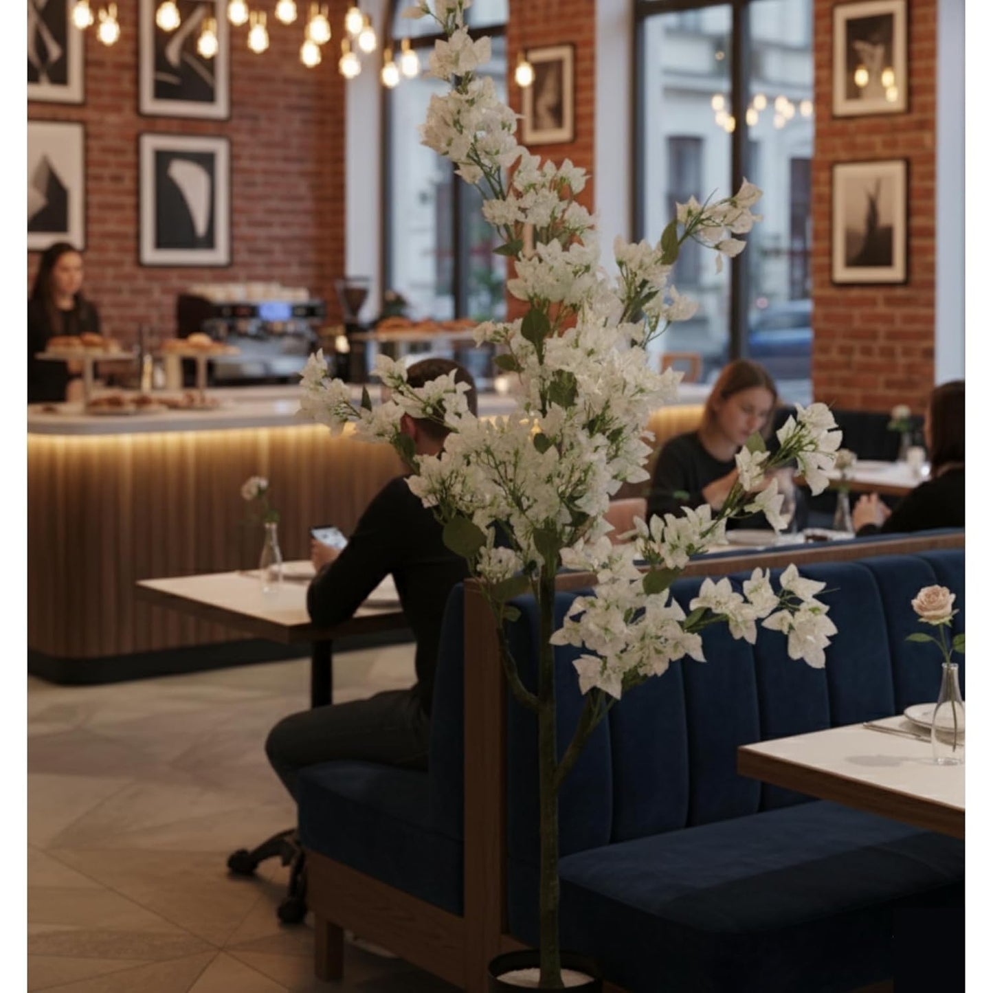 Artificial Cherry Bougainvillea Plant Realistic Faux Flowering Tree with Pot (White)