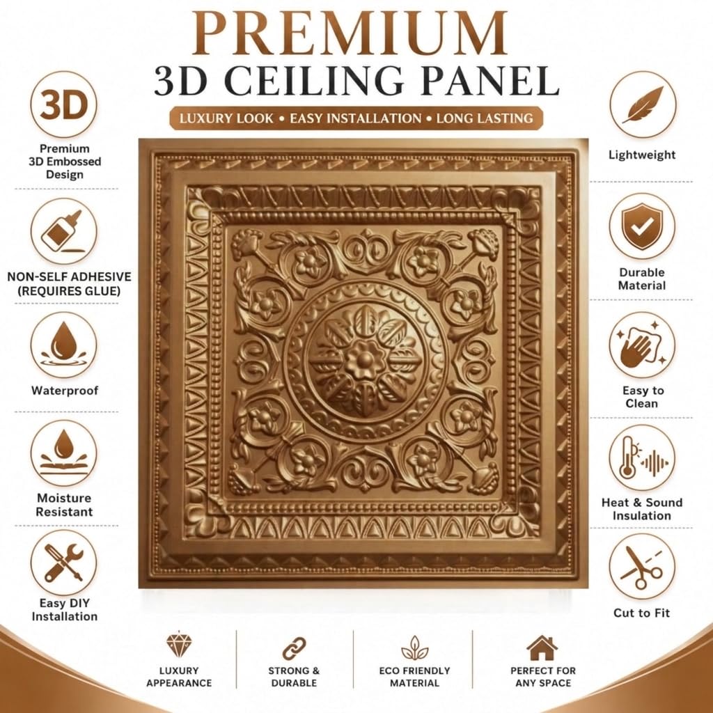 Rajwada Square Design Golden 3D Ceiling Panel3