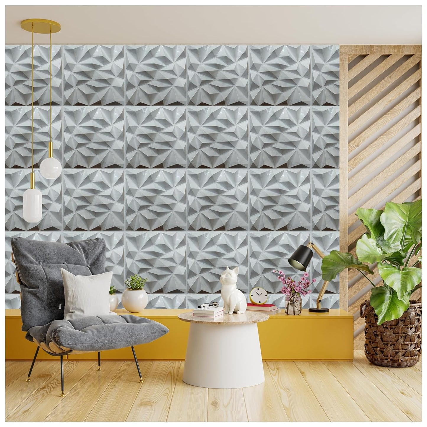 White Marble Color Diamond Design 3D PVC Wall Panels (50 X 50 cm)