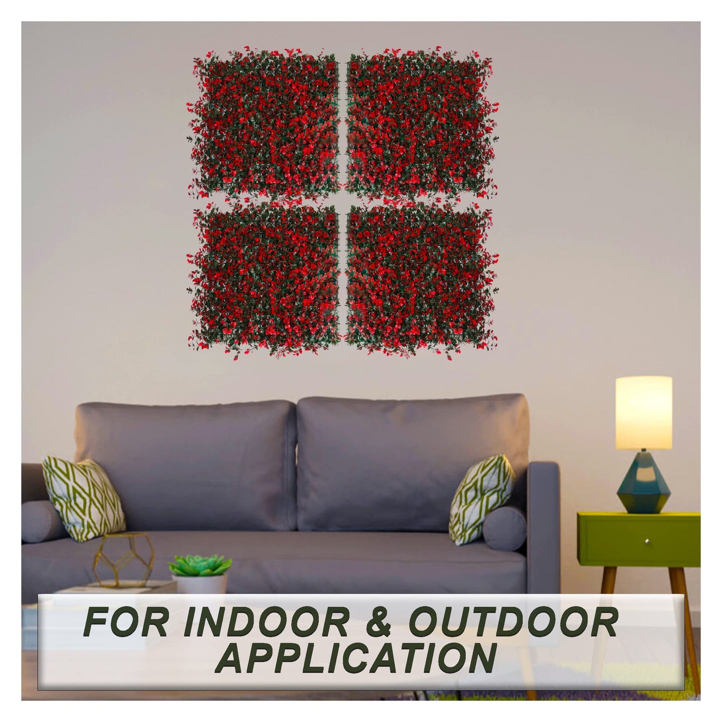 Artificial Vertical Wall Mat for Indoor & Outdoor Walls 50 cm x  50 cm, Leaves Dark Green and Red