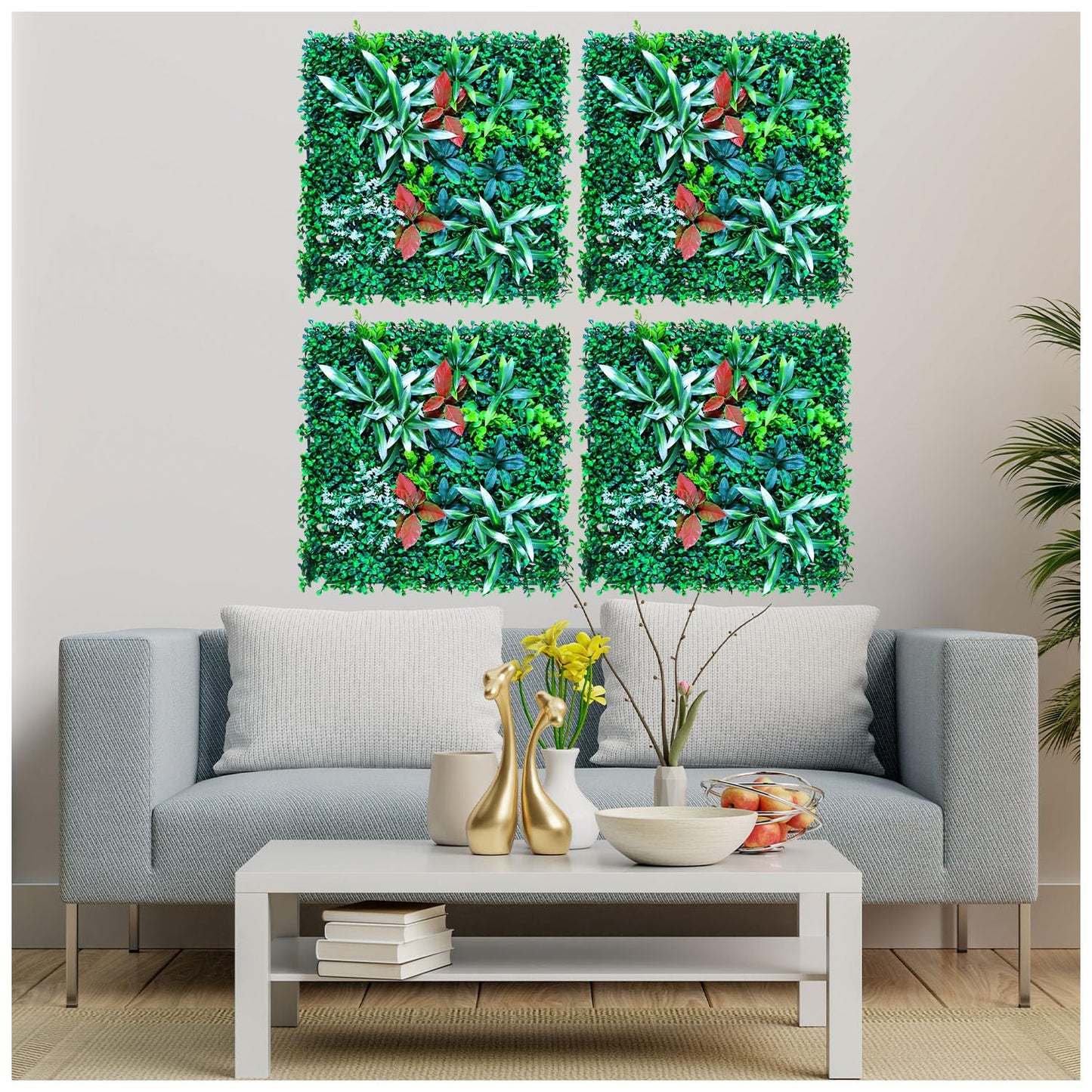 Artificial Vertical Wall Mat for Indoor & Outdoor Walls 50 cm x  50 cm, Green Leaves With Red Flower