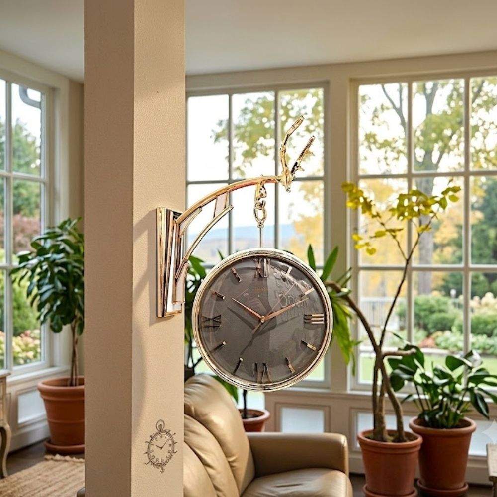 Luxury Grey Dial Double-Sided Hanging Wall Clock with Golden Deer Antler Bracket for Living Room Decor