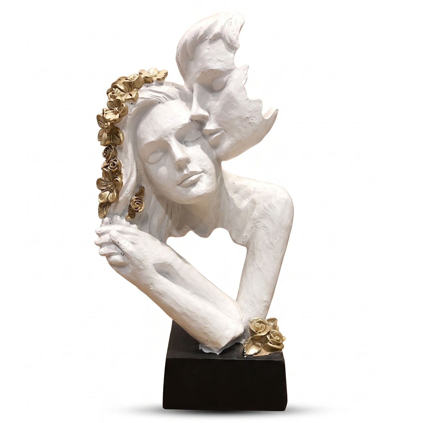 Matte white abstract resin sculpture of a romantic couple with golden rose highlights for modern table decor.-1