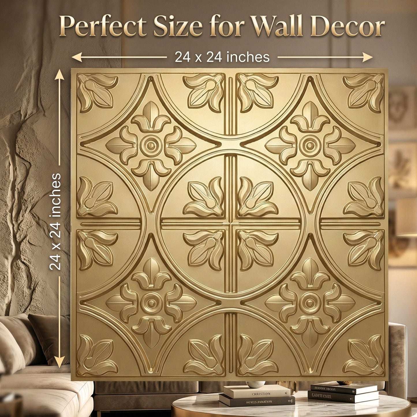 Champagne Gold Ornamental Floral Design 3D PVC Ceiling Panel Measurement View