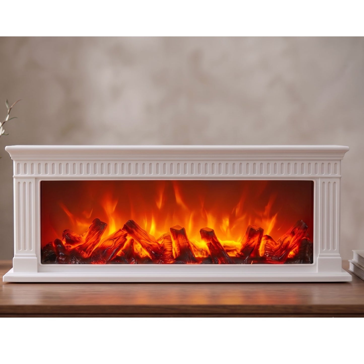 Rectangular white vintage pillar style fireplace lantern displaying realistic LED glowing fire flame effect with logs.