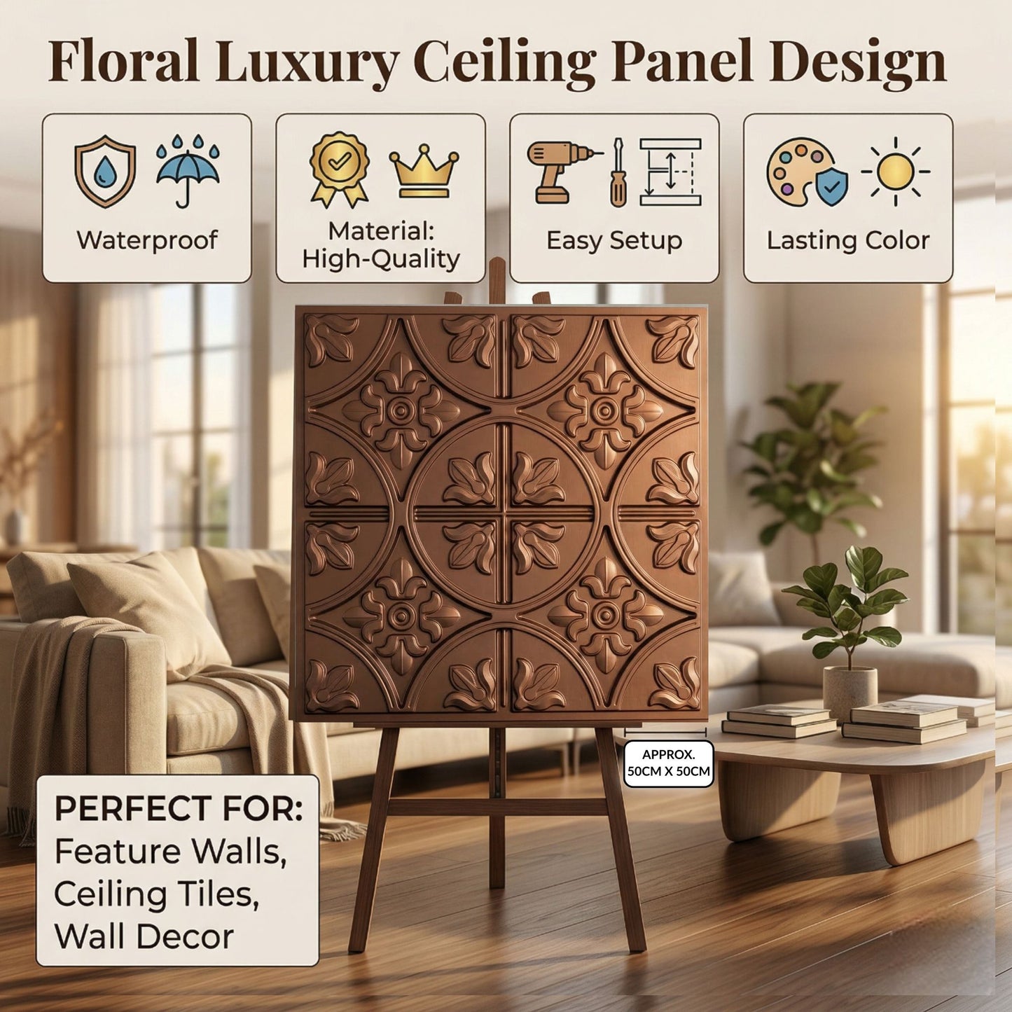 Red Copper Ornamental Floral Design 3D PVC Ceiling Panel Red Copper Features View