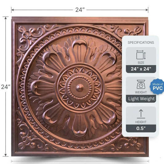 Red Copper Regal Ornate Design 3D PVC Ceiling Panel Measurement View