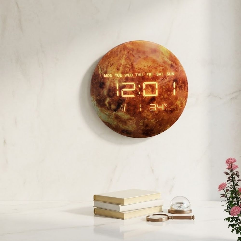 Round wall clock featuring a warm orange planet surface face with LED digital display of time, day, date, and temperature.