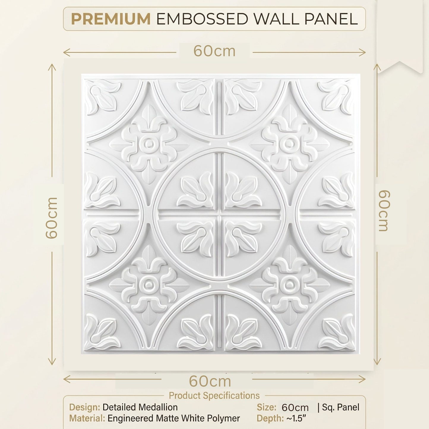 White Ornamental Floral Design 3D PVC Ceiling Panel Measurement View