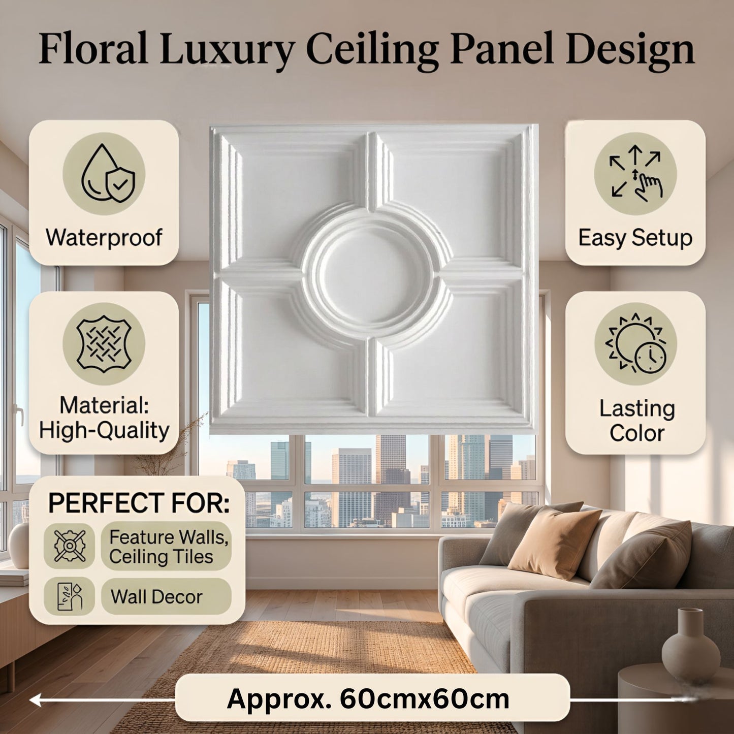 White Regal Medallion Design 3D PVC Ceiling Panel Features View