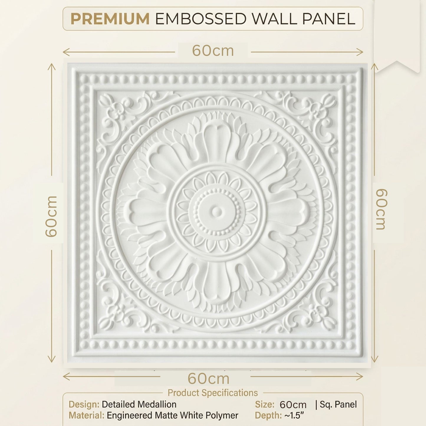 White Regal Ornate Design 3D PVC Ceiling Panel Measurement View