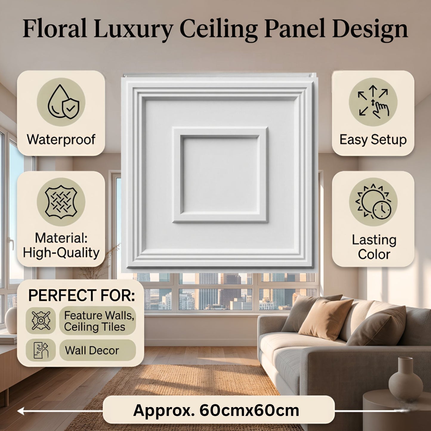 White Square Design 3D PVC Ceiling Panel Features View
