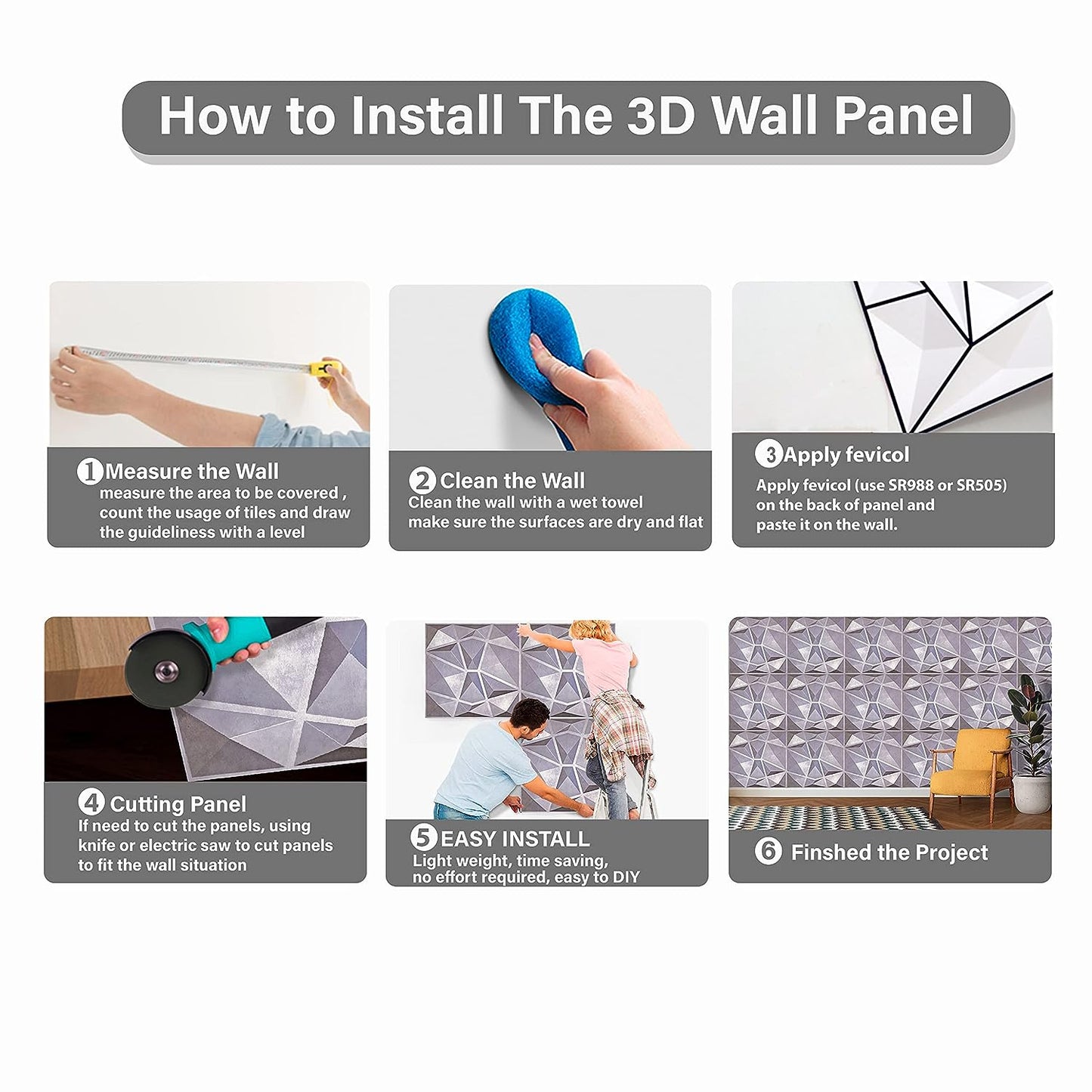 Diamond 3D PVC Wall Panels - Grey Marble Color Diamond Design