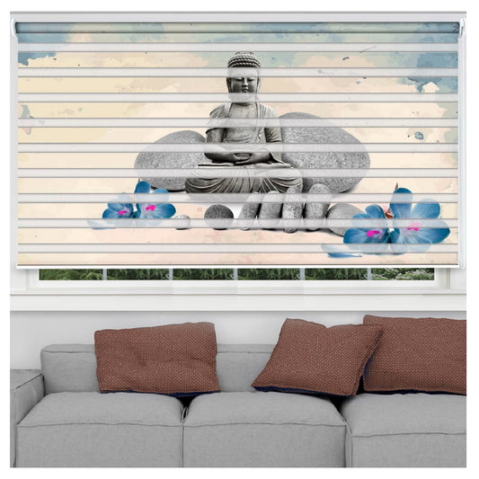 Zebra Blinds for Windows and Doors with Dual Shade, Horizontal Stripes, Blinds for Home & Office (Customized Size, Meditating Buddha )