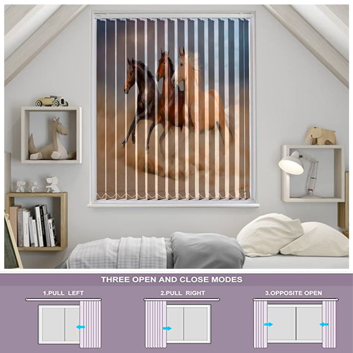 Vertical Blinds for Windows,French Door and Sliding Door Blinds for Smart Home Office, (Customized Size, Three Running Horses)