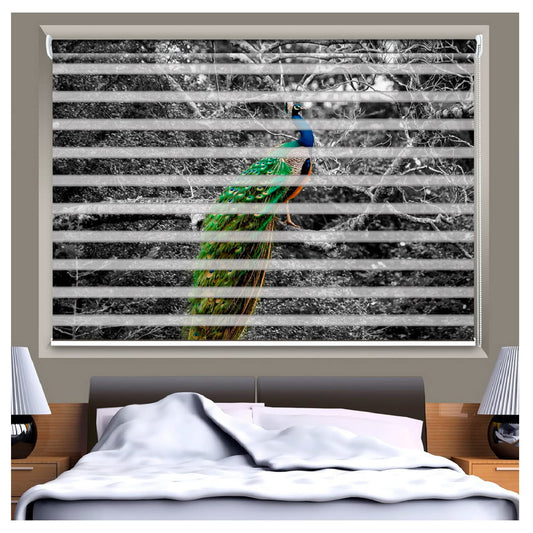 Zebra Blinds for Windows and Doors with Dual Shade, Horizontal Stripes, Blinds for Home & Office (Customized Size, Peacock Sitting on Tree)