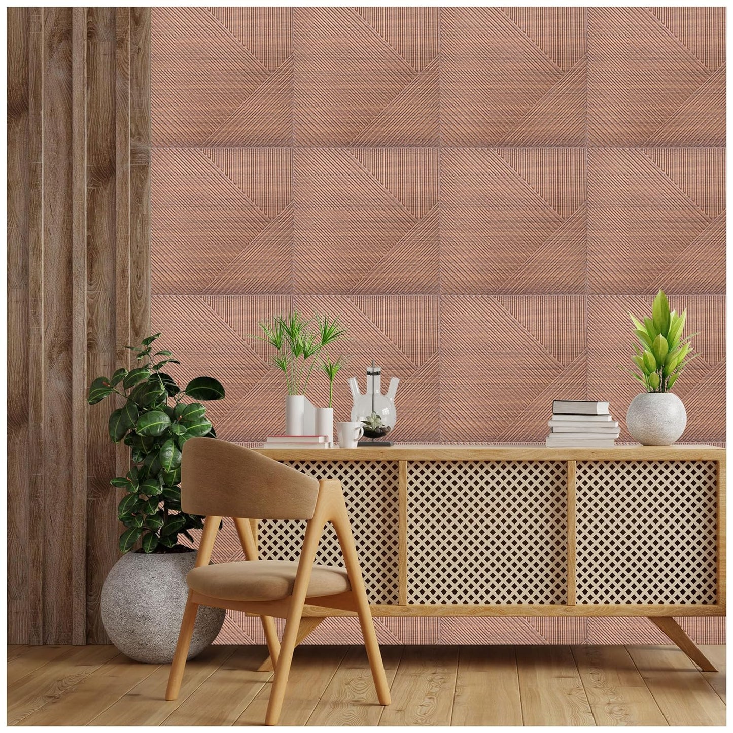 Kayra Decor 3D Self Adhesive Wall Panel -WalnutWood Stripe Design - (Size 50 x 50 CM)