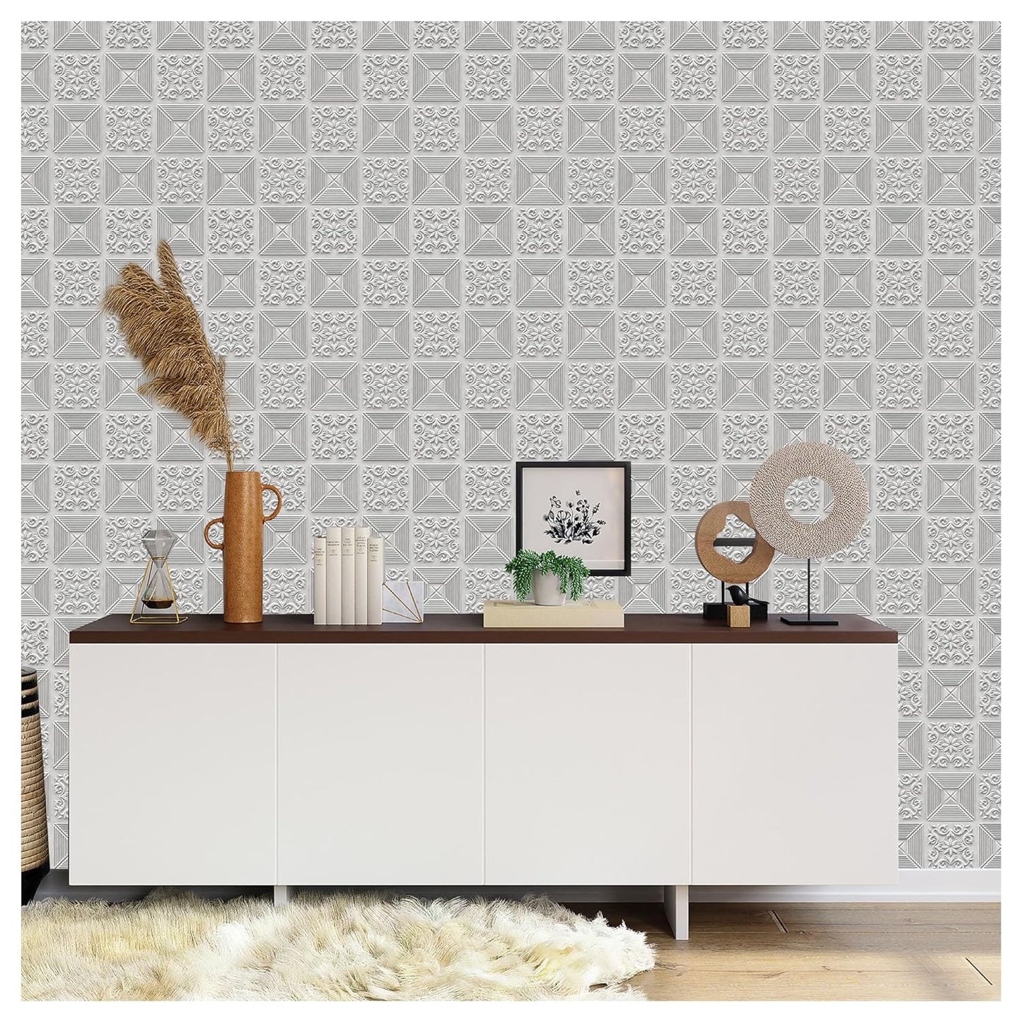Kayra Decor 3D Self Adhesive Wall Panel -White Color Flower Pattern - 50 X 50 cm