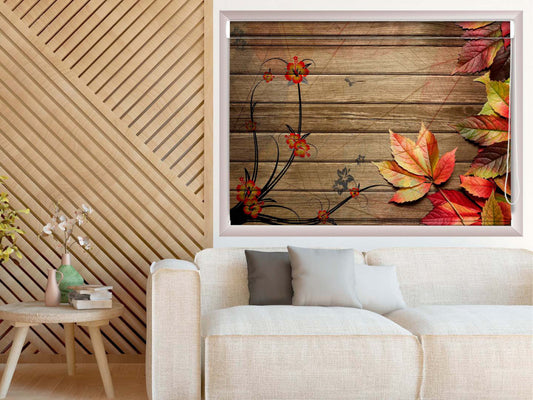 Printed Blackout Roller Blinds for Window - Autumn Leaves Over Wooden Background
