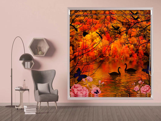 Printed Blackout Roller Blinds for Window- Beautiful Swan On The Autmn River At Sunrise Modern Design