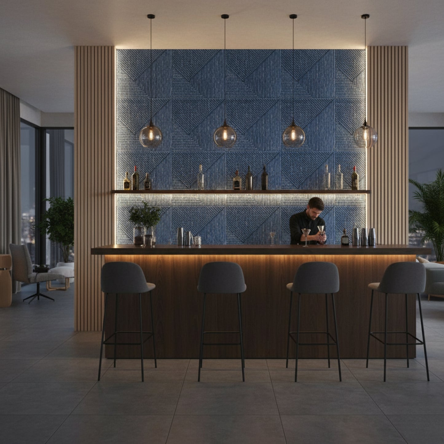 Electric Blue 3D Wall Panels Stripe Design