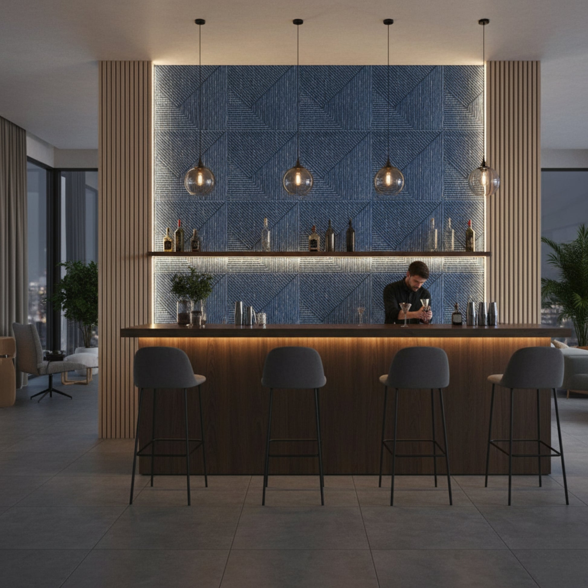 Electric Blue 3D Wall Panels Stripe Design