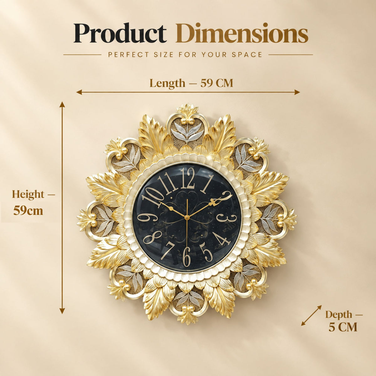 Relife Metal Wall Clock Antique Decorative Size- 59X59X1 cm | Royal Gold
