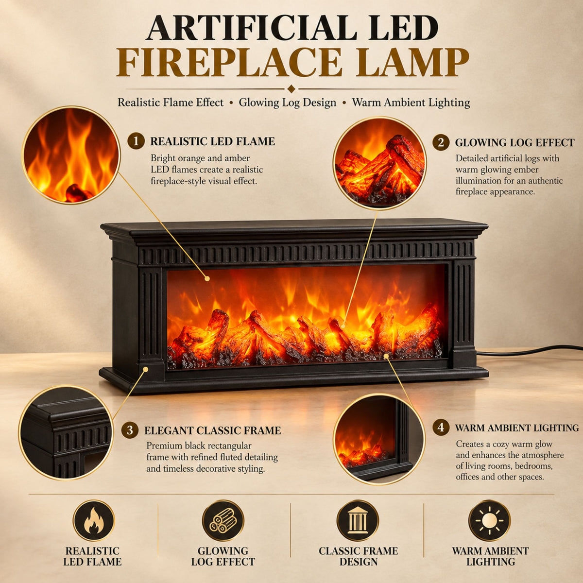 Modern Fluted LED Fireplace Lantern -Classic Black | Size: 64x12x20 cm
