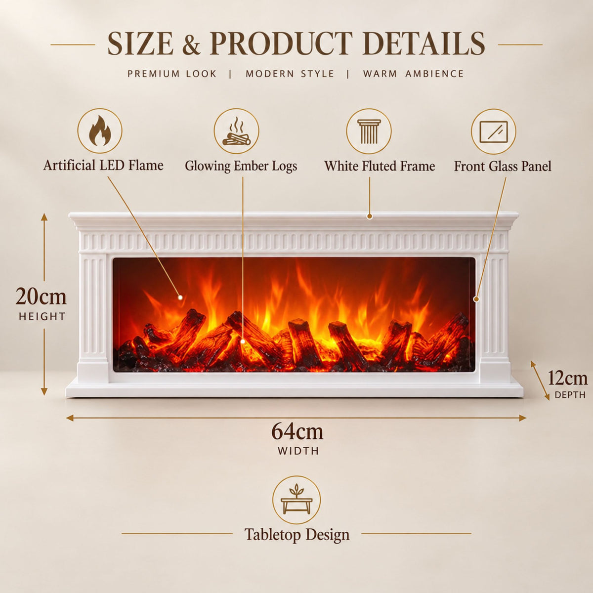 Modern Fluted LED Fireplace Lantern Size: 64x20x12 cm – Classic White Pillar
