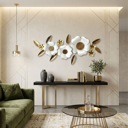 Metal Wall Art - Size 120X6X53 cm| White Three Flower