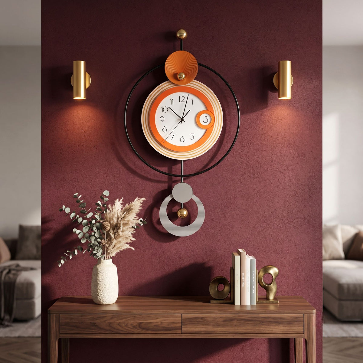 Relife Metal Wall Clock Antique Decorative Size- 88X50X6 cm | Orange Ring