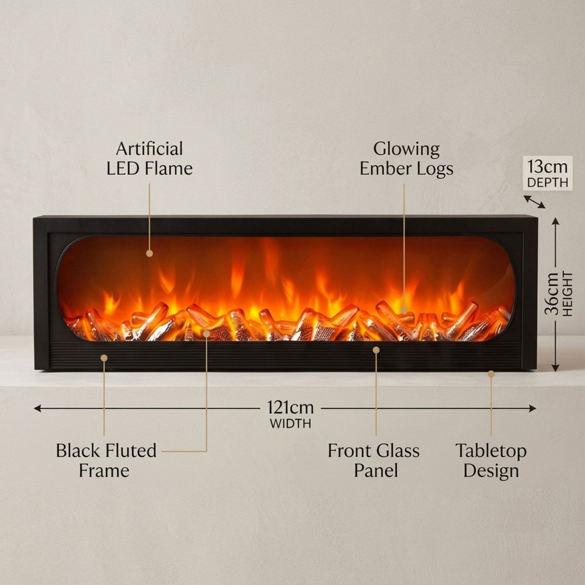 Modern LED Fireplace Light Lantern Size: 121x36x13 cm- Oval-Window Black