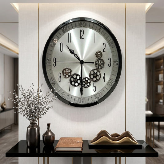 Modern Silver Metallic Gear Wall Clock with Black Frame for Living Room & Office Decor-3034-LE