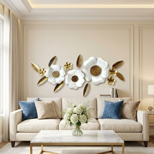 Metal Wall Art - Size 120X6X53 cm| White Three Flower