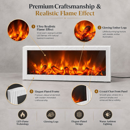 Modern Fluted LED Fireplace Light – Rectangular Tabletop Flame Effect Lamp with Glowing Logs-LED Fireplace Lantern