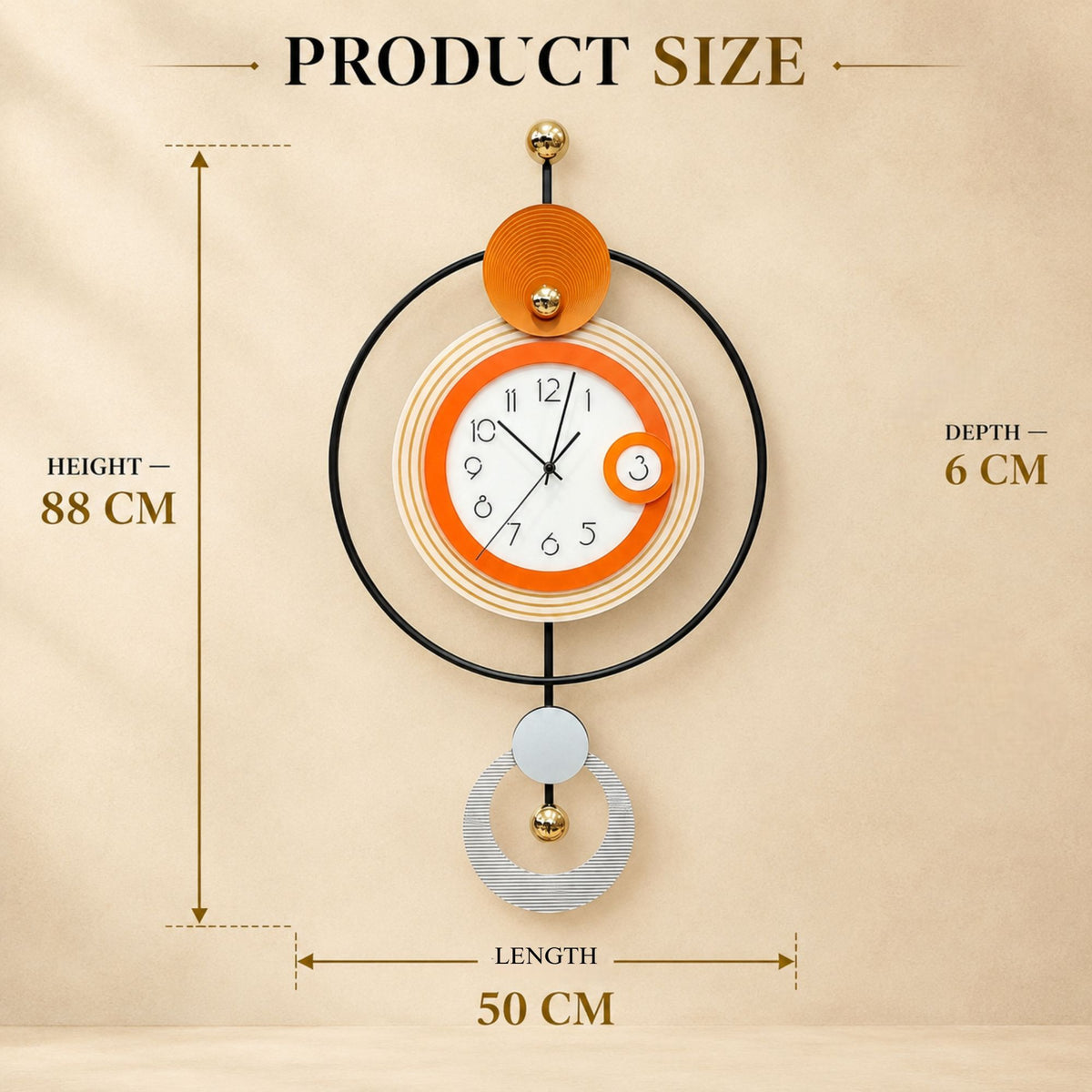 Relife Metal Wall Clock Antique Decorative Size- 88X50X6 cm | Orange Ring