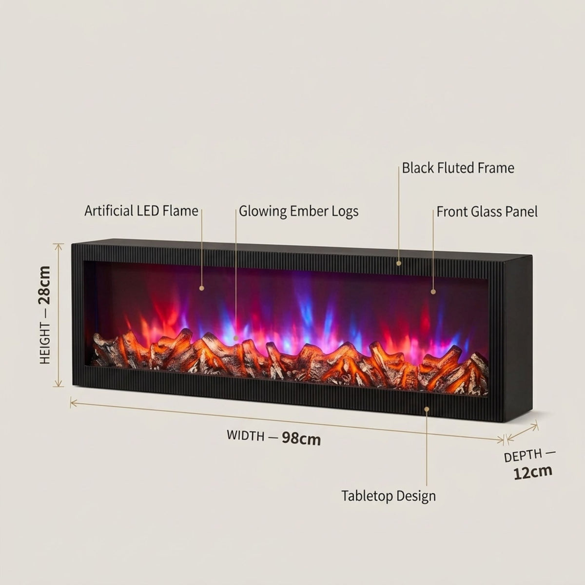 Modern Multicolor LED Fireplace Lantern with Remote Size: 99x28x12 cm- Black Multicolor