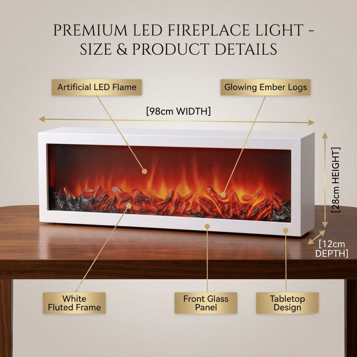 Modern LED Fireplace Lantern Light Size: 98x28x12 cm - White Mesh