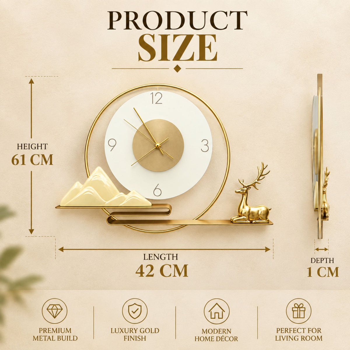 Relife Metal Wall Clock Antique Decorative Size- 61X62 cm | Golden Deer